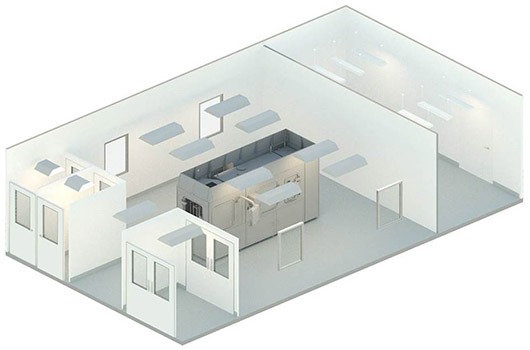 Isometric diagram of modular cleanroom pods within a biopharmaceutical production building.